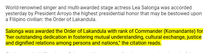 catelynxxx's tweet photo. FYI, Lea Salonga was a recipient of the highest presidential honor that may be bestowed upon a Filipino civilian: the Order of Lakandula. Way higher than the NATIONAL ARTIST Award.
#LSforNationalArtist
LeaSalonga forNationalArtist https://t.co/top8BcWvb0