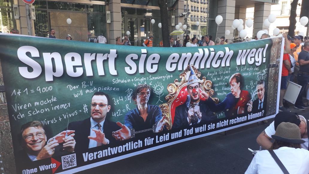 "Lock them up finally" with pictures of Bill Gates, Health Min Spahn, virologist Drosten, Söder, Merkel and the head of the RKI.  #b0108