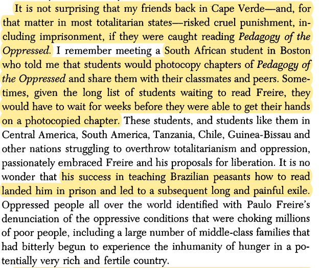 South African student in Boston would photocopy chapters of the book & share them with their classmates & peers. Sometimes, given the long list of students waiting to read Freire, they would have to wait for weeks before they were able to get their hands on a photocopied chapter.