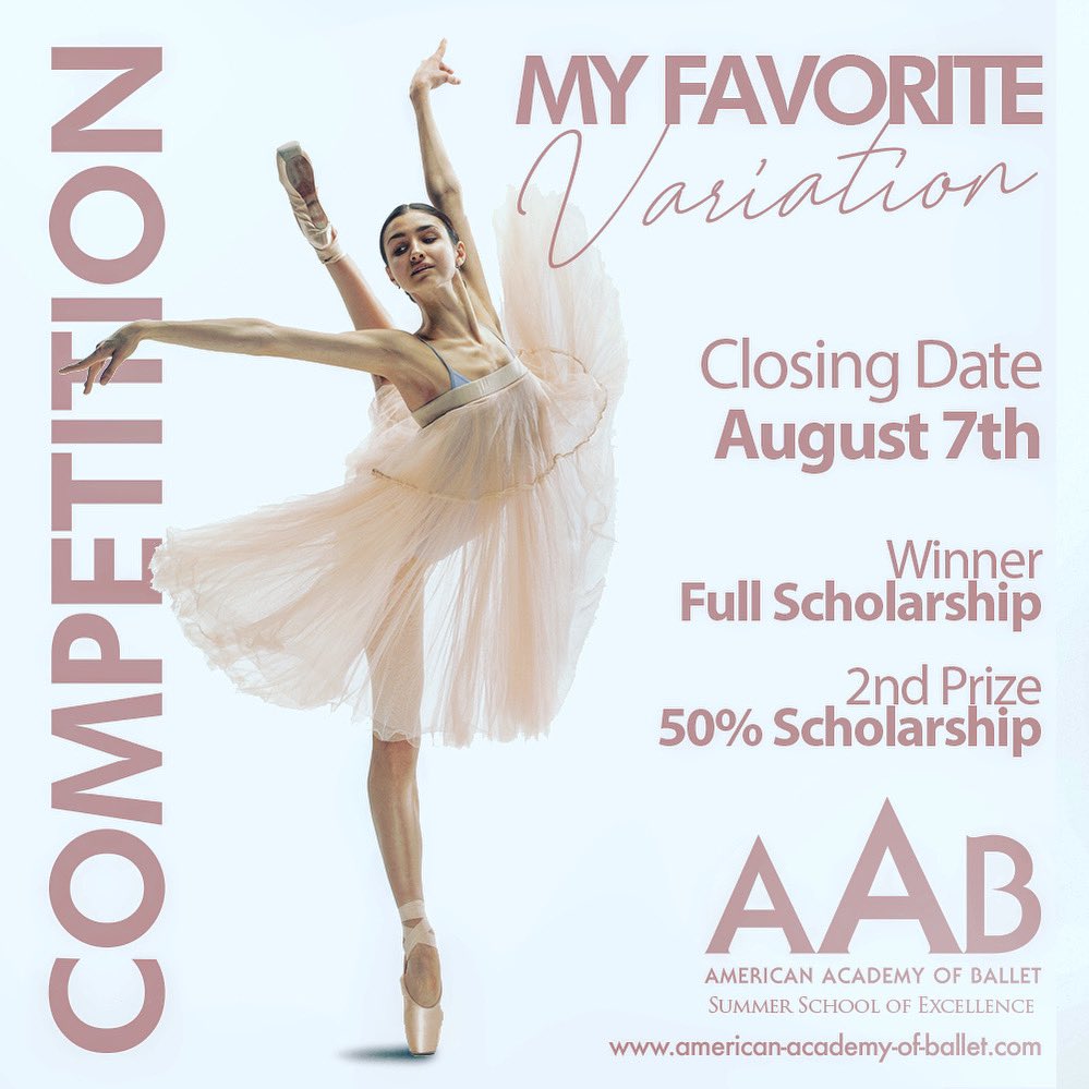 No charge to enter. Send video by August,7 to have a chance to receive a Scholarship to AAB online.
➡️ A video dancing YOUR FAVORITE VARIATION email to aaboffice@gmail.com, with your
• Name • Age • Email
• Name of ballet school
• Your teachers name and email  😊🥰