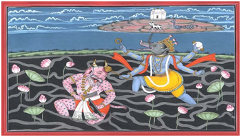 Vishnu assumed the Avatar of a boar (Varaha Avatar) and dove into the ocean to lift the Earth, in the process slaying Hiranyaksha who was obstructing Him.