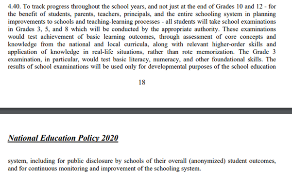 (12/n) Grade 3, 5 and 8 exams by appropriate authority. It says only for purpose of development – so on one will be failed essentially? I still think 3 is way too early for exam by an authority.  #NEP  #NEP4NewIndia  #NEP2020