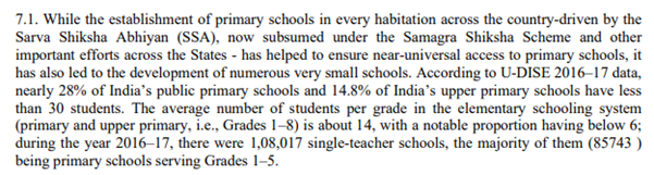 (16/n) Assuming below is true, not possible to have scale and quality simultaneously. Leverage technology. Instead of consolidation, use talented teachers to teach the same subject over video-conferencing to near-by schools and the local teacher also plays a facilitator?  #NEP