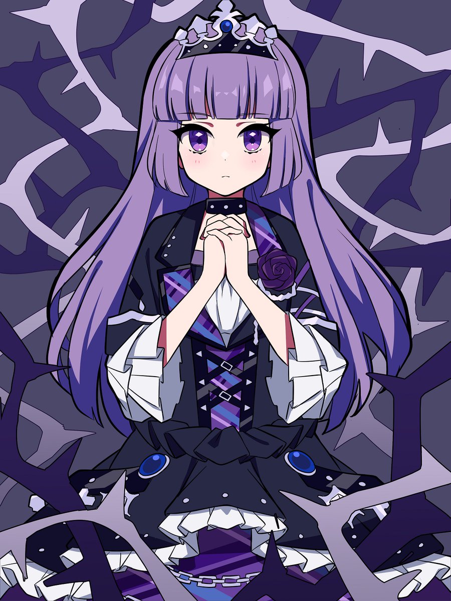 1girl purple hair purple eyes dress solo long hair own hands together  illustration images