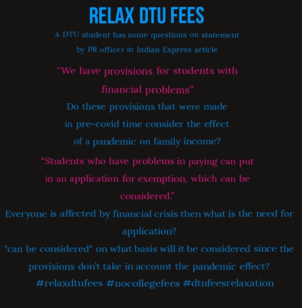 anonsignedindia's tweet photo. #relaxdtufees #dtufeesrelaxation #dtufeeconcession #dtufee 
@anubha1812 @CMODelhi @msisodia @dtu_againstfees @AtishiAAP @nidhiindiatv @IndianExpress https://t.co/uy2sBVt7mD