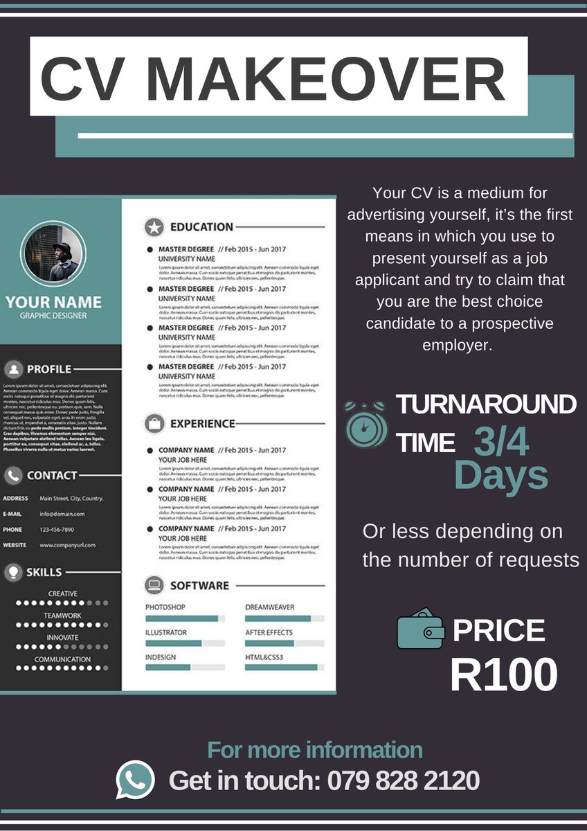 StaffHotSpot_'s tweet photo. For an outstanding, professional CV Makeover & Revamp at an affordable price please DM Us ๐ฎ or Contact us on Whatsapp: 079 828 2120 ๐ฒ
#CVDesigns #professionaldesigns #moderndesigns #creativedesigns #applydifferently #unemployedSA https://t.co/0TYav8zP7l