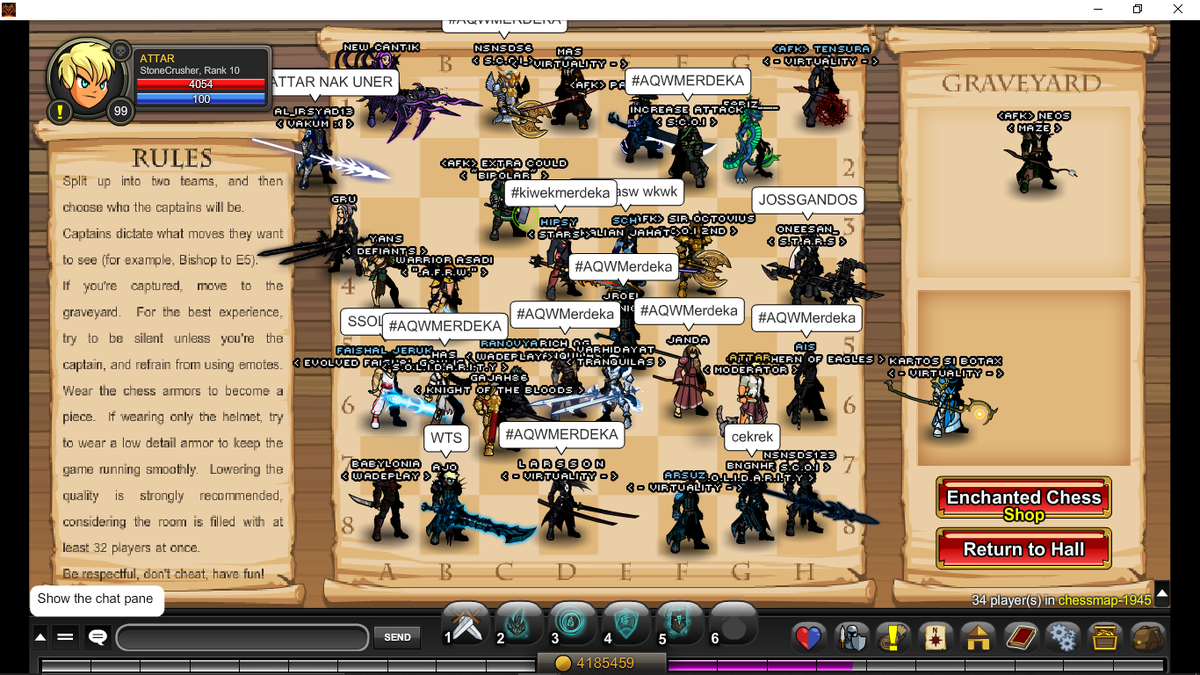 Attar_AE's tweet photo. MY BIGGEST IN-GAME PARTY YET!
- 3 different FULL instances of /chessmap
- 2K, 2K, 5K APs live giveaways
- BludrutBrawl, 1v1, and chilling
- LOTS of fun!

This time to buzz words in AQW Indonesian community about #AQWMerdeka Rangda Boss Challenge coming in-game NEXT WEEK! <3 https://t.co/RHrWpbxHs4