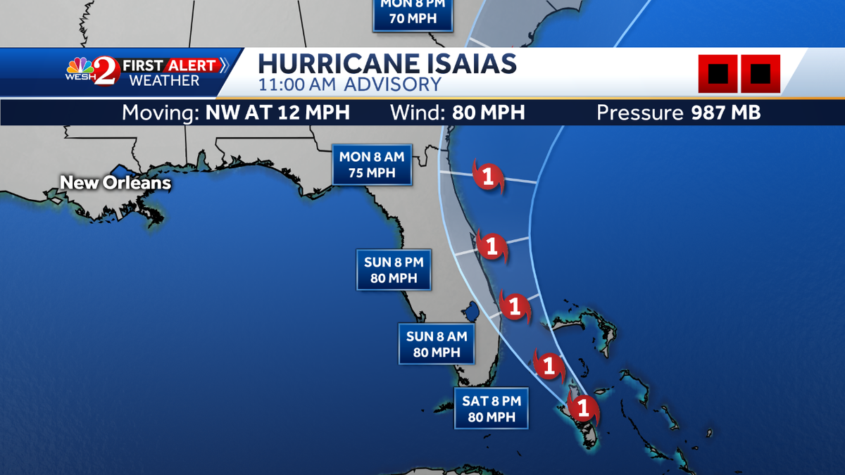 EricBurrisWX's tweet photo. NHC issues 11am #Isaias Advisory- Here's the new stats and track. #FLwx #WESHwx #Tropics https://t.co/jTfsUwdEIb