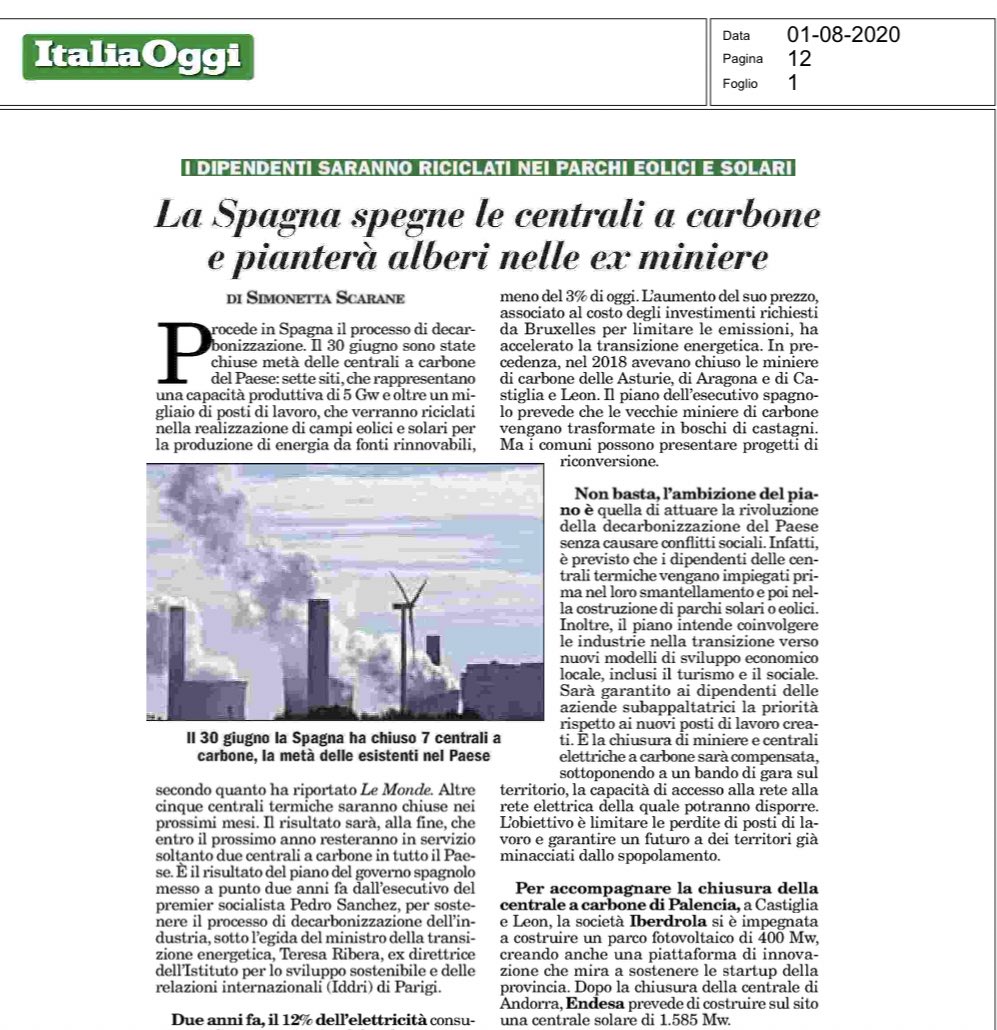 Copiamo la Spagna per phasing-out dal #carbone in produzione elettrica? Aveva quote paragonabili alle nostre e ne esce riconvertendo gli occupati in produzione #rinnovabili. Certo dobbiamo far fare impianti (v.emendamenti @CoordFree al #DLSempllificazioni) free-energia.it/2020/08/comuni…