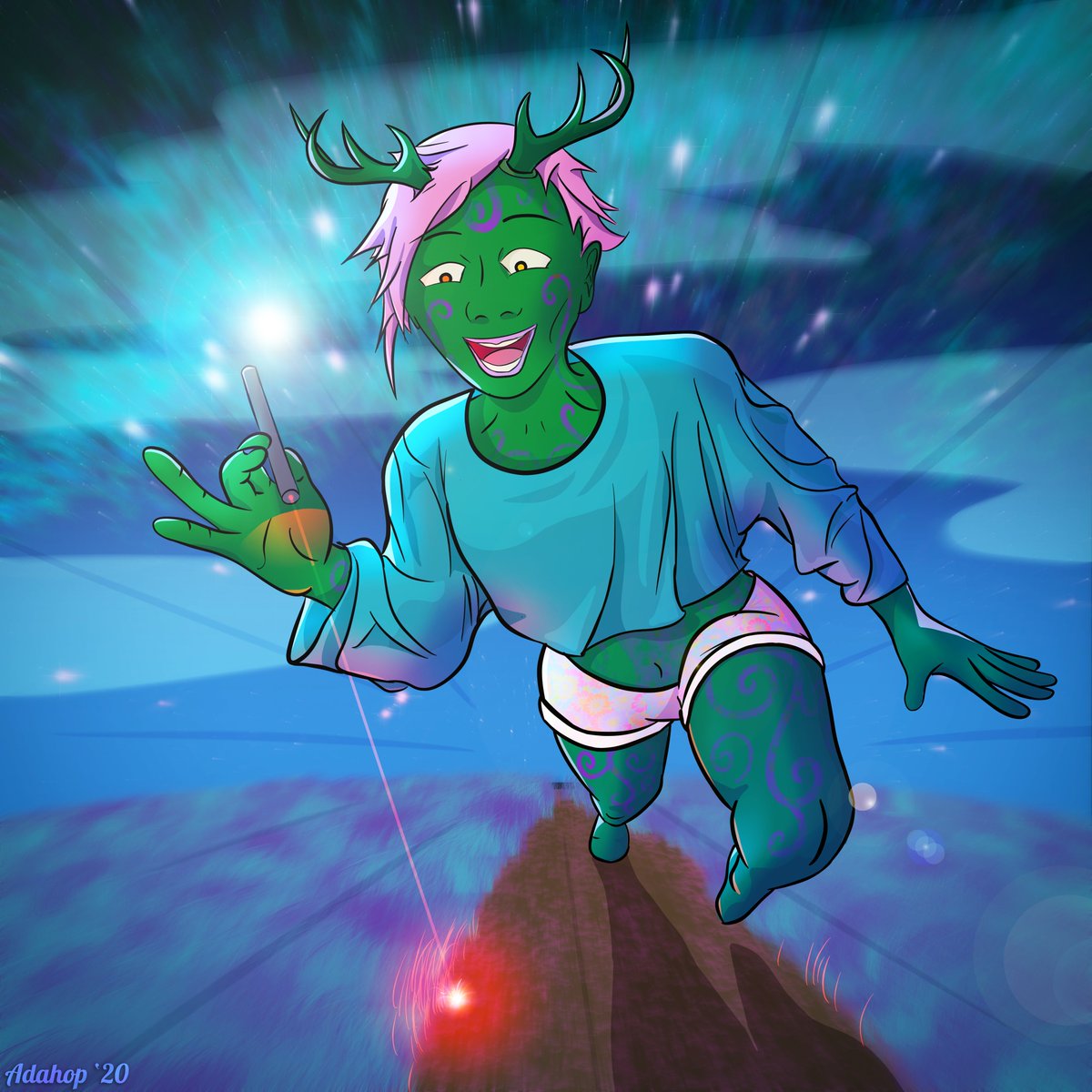 Y'all challenged me to draw a lady demon with deer antlers, green skin that fades to purple, 1 orange eye and 1 yellow, a loose-fitting crop top and floral shorts, a pixie cut, and a laser pointer.

I was *never* good at characters, and this was my first attempt since 2011! 😊