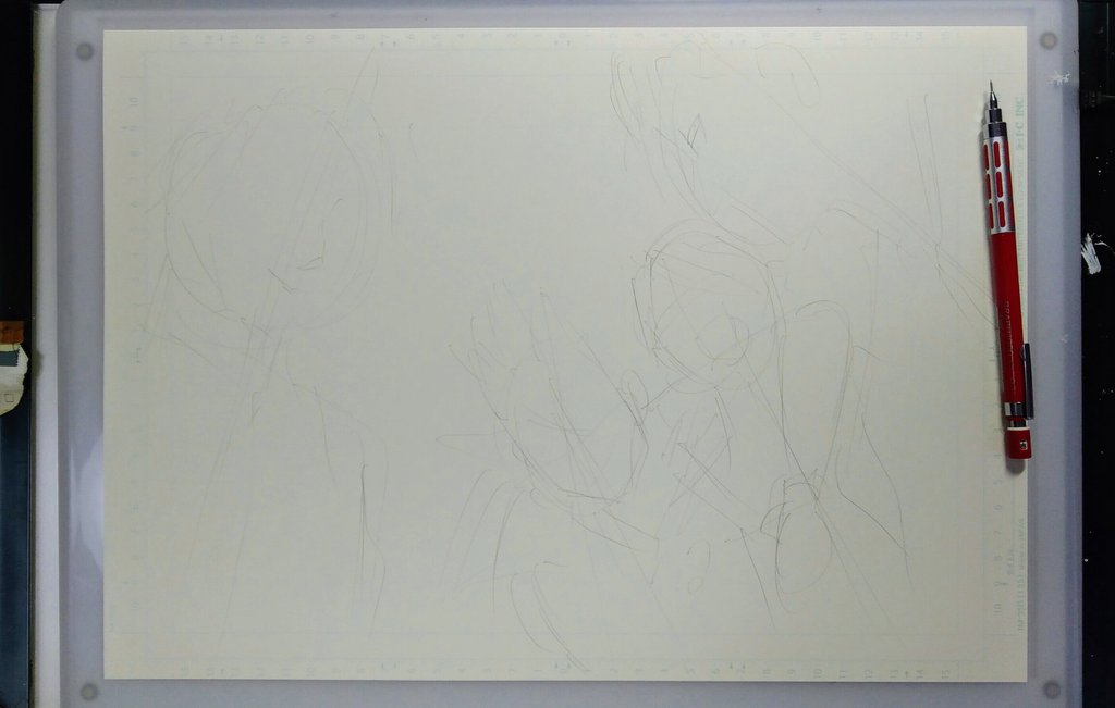 GLAYの日の絵色塗り前の制作工程/①構図考え謎のアタリかく ②下描き③ペン入れ、消ゴムかけ④ベタ、線強化、チャイナ服の刺繍描く 