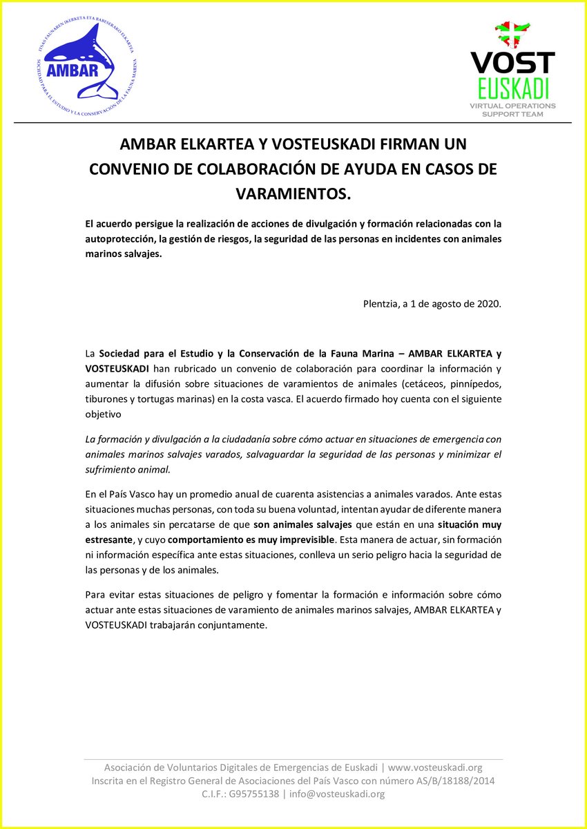 VOSTeuskadi's tweet photo. ℹ️NOTA DE PRENSA: convenio de colaboración entre @AMBAR_Elkartea y VOSTEuskadi para coordinar la información y aumentar la difusión sobre situaciones de varamientos de animales (cetáceos, pinnípedos, tiburones y tortugas marinas) en la costa vasca. https://t.co/c360kujXKV