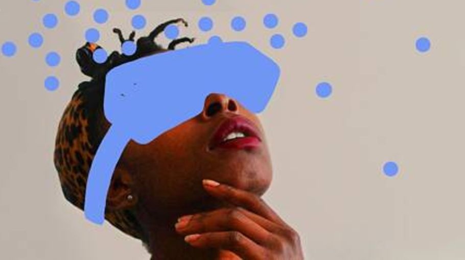 Picture of woman wearing virtual reality goggles.