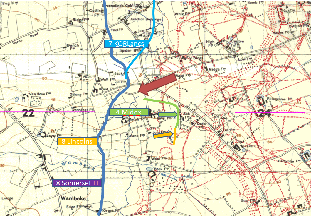 Meanwhile, the Middlesex advanced towards Bab Farm, meeting heavy resistance. D company of the Lincolns were also drawn into this fight. No runners made it back to ask for reinforcements until 1.30pm. "This entire party fought it out until all were either killed or wounded."