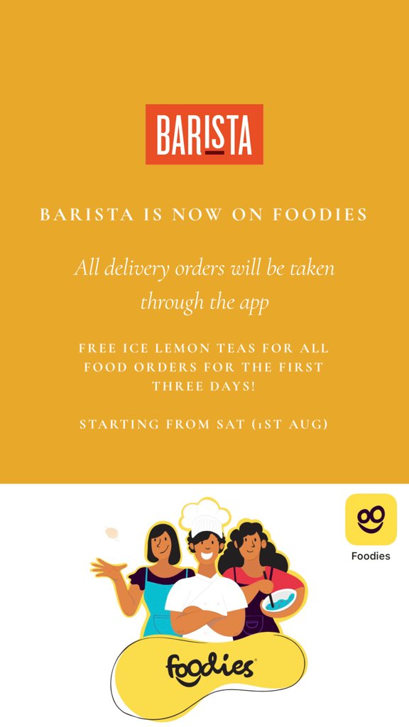 STARTING TODAY!
Download the app and order away 🧡
on.foodies.mv/restaurant/21

Free ice lemon teas for all food orders given in the first three days. 
#foodiesmv #baristamaldives