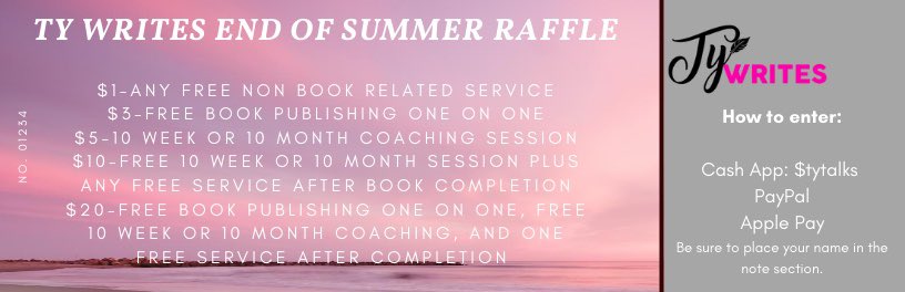 mstytalks's tweet photo. Raffle ends August 15th! The WINNERS will be announced the morning of August 16th!  

Click the Booking Link to view services:
https://t.co/UYaKJlvPoC  

Cash App: $tytalks
PayPal:https://t.co/EsSutzPazl
Apple Pay Available 

#tytalks #tywrites #summerraffle #ucanwin https://t.co/HFI9HBOZ6z