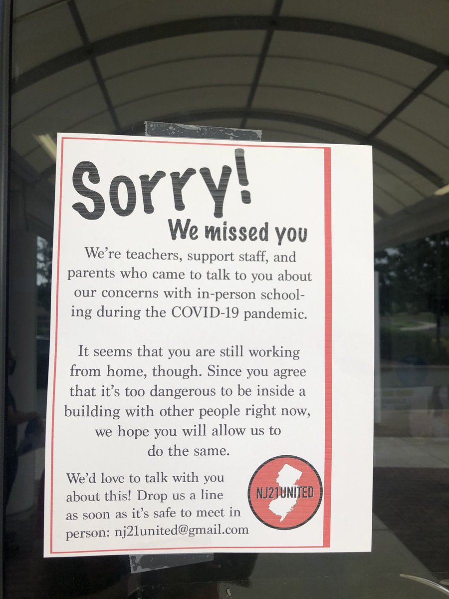 Stephanie (@sqc1106) on Twitter photo Stopped by to speak with Monmouth Co. Superintendent. Note on door read “office closed due to Covid 19”. We left our own note. It’s not safe to open school buildings in September #Protectourfamilies #Onlywhenitssafe <a href="/NewJerseyDOE/">New Jersey Department of Education</a> <a href="/GovMurphy/">Governor Phil Murphy</a> <a href="/NJEA/">NJEA</a> Stopped by to speak with Monmouth Co. Superintendent. Note on door read “office closed due to Covid 19”. We left our own note. It’s not safe to open school buildings in September #Protectourfamilies #Onlywhenitssafe <a href="/NewJerseyDOE/">New Jersey Department of Education</a> <a href="/GovMurphy/">Governor Phil Murphy</a> <a href="/NJEA/">NJEA</a>