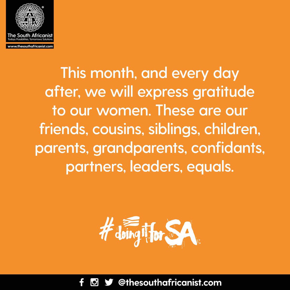 SouthAfricanist's tweet photo. Being a woman is being what your country needs you to be. Let us celebrate the power of women in South African society this Women’s Month! #doingitforSA https://t.co/ue4X1Lc0Bo