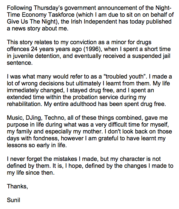 Today the Irish Independent published a news story about me, which dates back to 1996. Here is a short statement with regard to that.