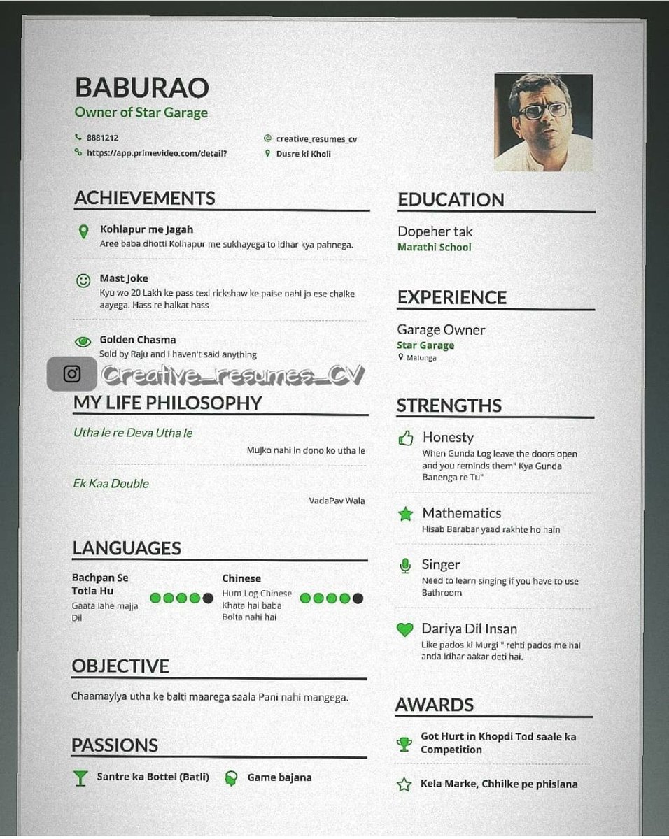 Sarangbrahme's tweet photo. What if Baburao wrote his CV? @SirPareshRawal https://t.co/9Bh8VV9pbm