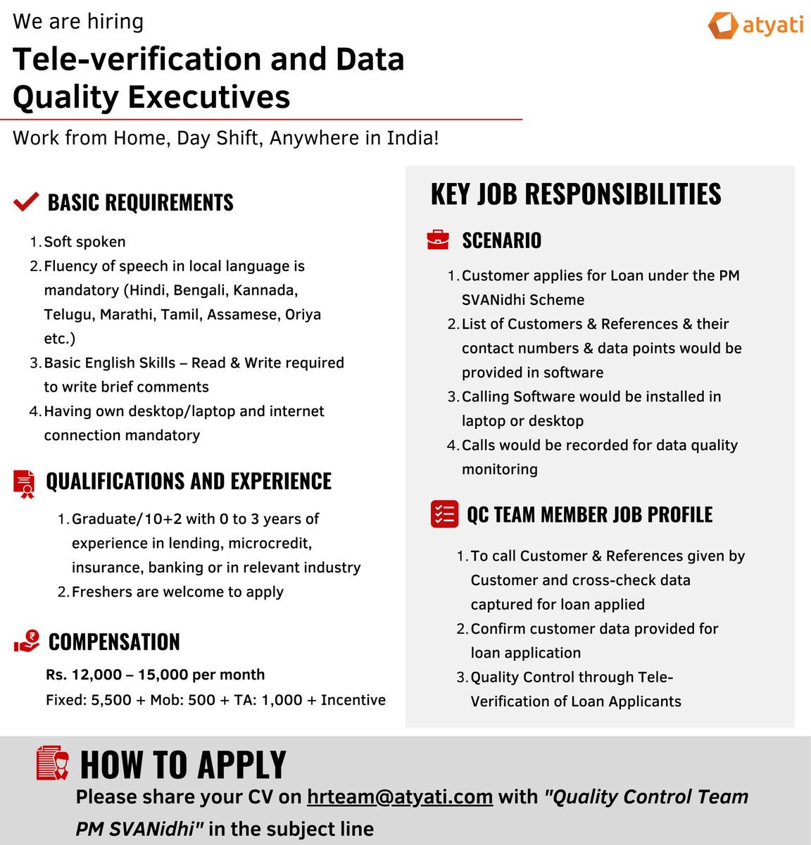 We are looking for Tele-verification and Data Executives. We invite you to take a look at the job description below and send in your CVs to the designated email ID with "Quality Control Team PM SVANidhi" in the subject line.
CVs must be sent to the email ID mentioned below ONLY