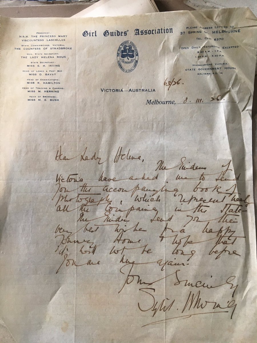 Thought you might like to see this <a href="/guidesvic/">Girl Guides Victoria</a>  From you to my grandmother in 1926. Her father the Earl of Stradbrooke was the governor around that time.