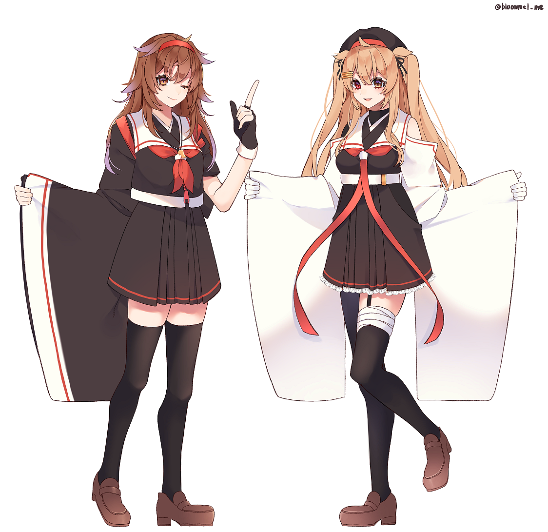 murasame (kancolle) ,murasame kai ni (kancolle) ,shiratsuyu (kancolle) asymmetrical clothes multiple girls 2girls black serafuku thighhighs long hair hair flaps  illustration images