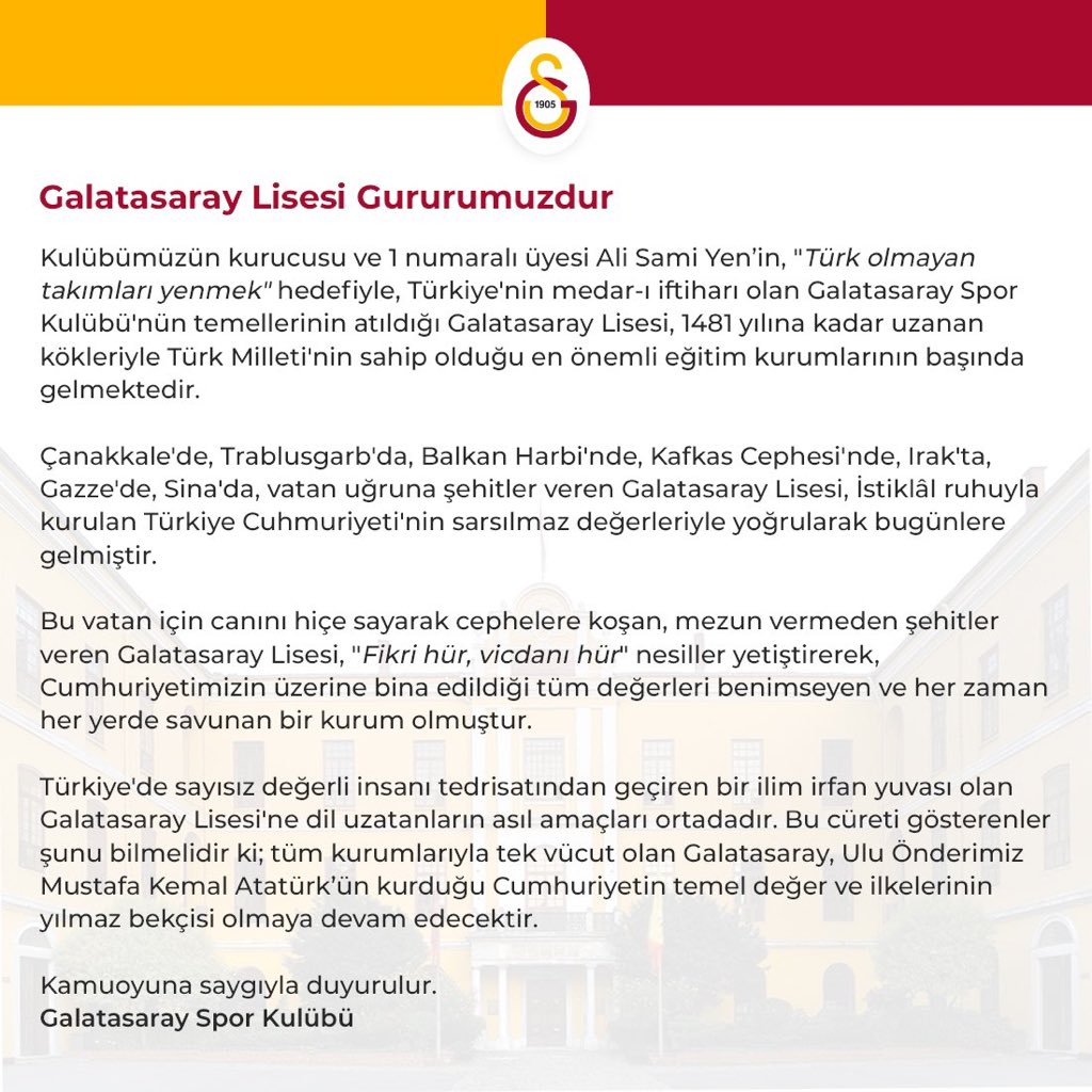 GS Lise müdürü, GS Eğitim vakfı vs vs nin  veremediği cevabı @MstfCngz1905 bizzat kendi kaleminden verip GS düşmanlarının alayının içinden geçmiş. 

Cumhuriyet Atatürk ve Galatasaray düşmanı meczuplar zaten utanmazlar ama arzu edilirki FB kongre üyesi Lise müdürü utansın...