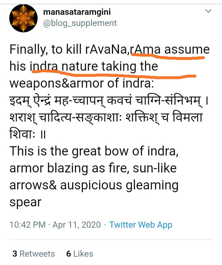 Rama was somehow an avataara of Indra!A hallmark of this ragtag group is an appeal to Veda even when their laukika Samskrta is terribly weak.Ignore the typo in the image to be a little magnanimous to him.