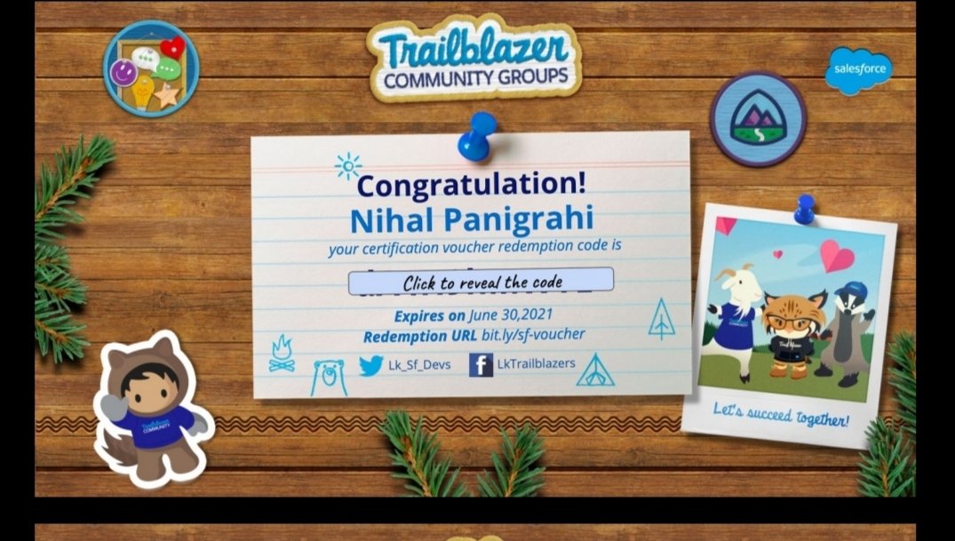 nihal_panigrahi's tweet photo. Yipee!! Received my voucher code.Thanks @Nishant_SP and @LK_Sf_Devs for this.
#TrailblazingTogether #TrailheadDx #TDX20 https://t.co/SZmrWdNFCn
