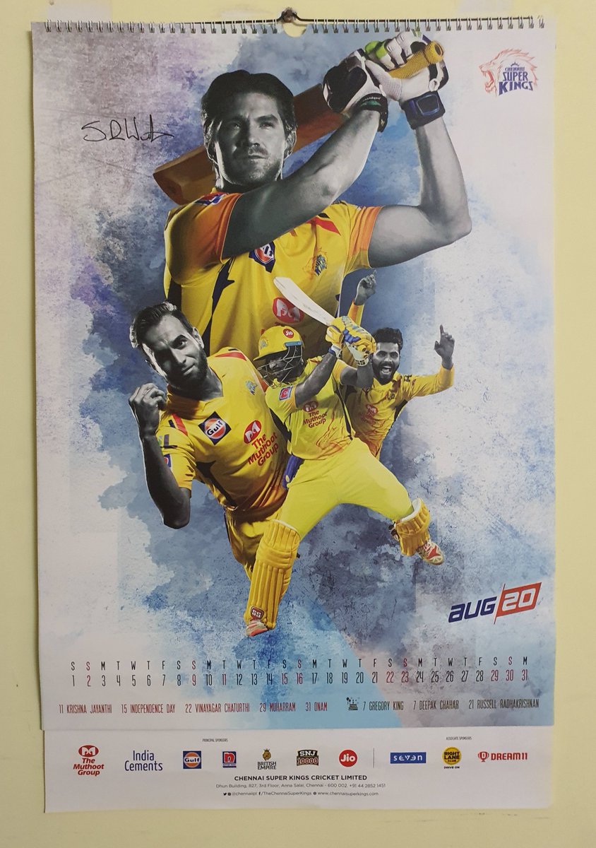 PraveenBalusu1's tweet photo. Super Month August Super Calendar of our @ChennaiIPL . Super Happy Birthday Gregory King &amp; @deepak_chahar9   on 7th August and @russcsk on 21st August. Lots of #Yellove wishes @msdhoni @ImRaina @imjadeja @CSKFansOfficial  #CSKCalendar #CSKFanforever #WhistlePodu https://t.co/SeGoTsowY2