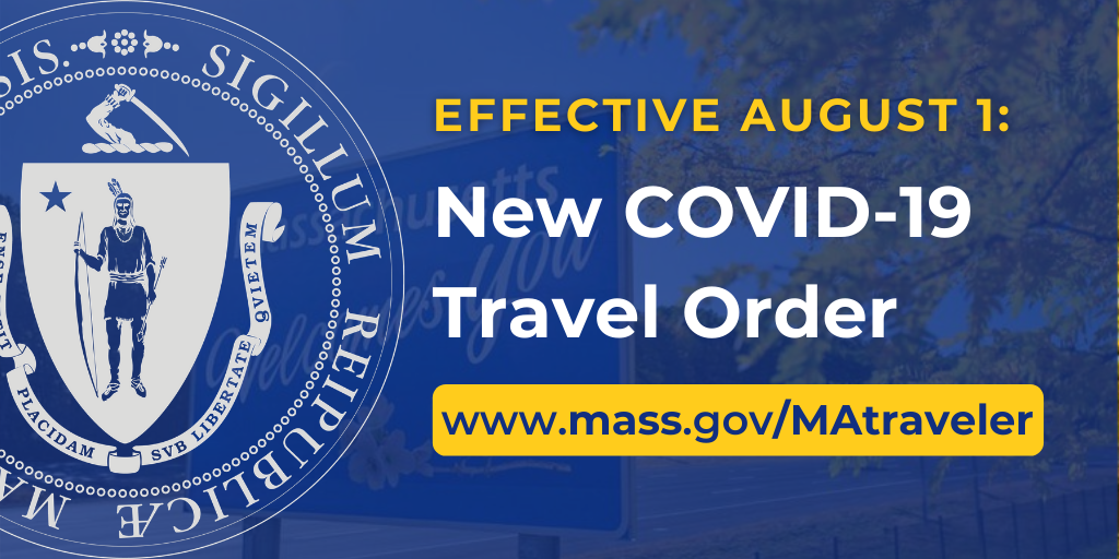 MAGovArchive's tweet photo. Effective TODAY, August 1: New #COVID19MA travel order in place for Massachusetts:

Individuals entering the Commonwealth must complete the MA Travel Form and quarantine for 14 days, unless they meet an exemption (like arriving from a lower-risk state).

➡️https://t.co/Pbpwo1B3yO https://t.co/q4Zz6JKRJr
