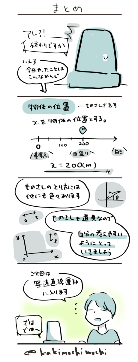 #コルクラボマンガ専科  
#かきもちの1日1枚 No.80-2
物理基礎マンガ「位置」 