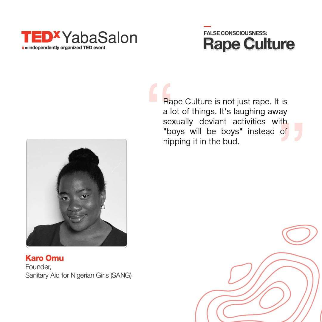 TEDxYaba's tweet photo. "Rape Culture is not just rape. It is a lot of things. It's laughing away sexually deviant activities with "boys will be boys" instead of nipping it in the bud."- @duchesskk speaks at #tedxyabasalon #tedxyaba #RapeCulture #FalseConsciousness @thegreencaleb @TEDNews https://t.co/Ku6F89grPf