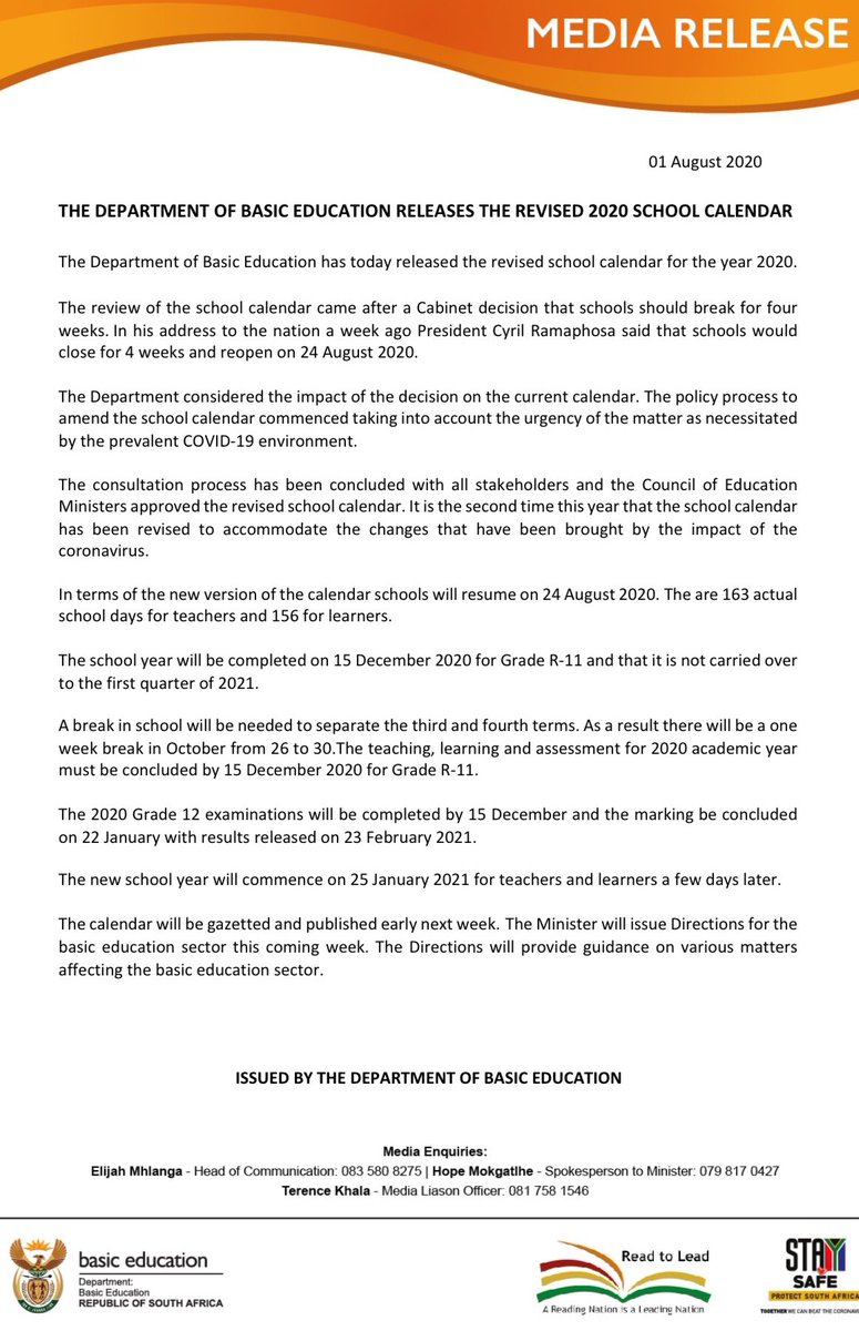 Please find the amended school calendar for 2020 👇🏽