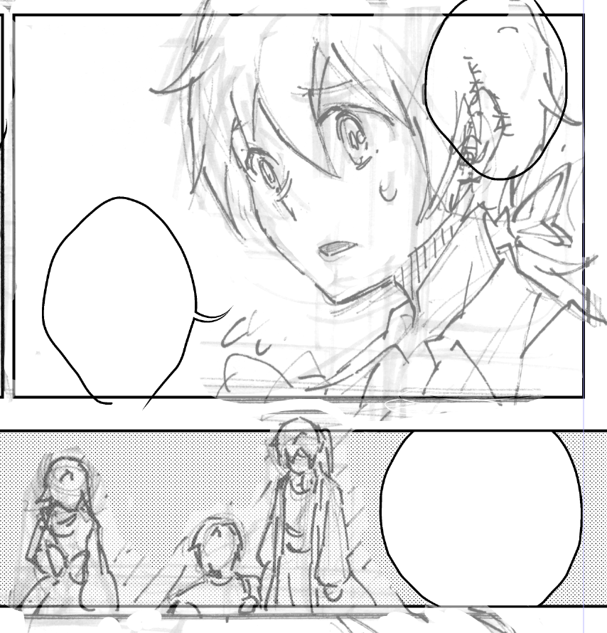 まだ下描き段階で載せられそうな進捗がないんですが、ひとまず全ページフキダシと擬音を入れてラフを範囲選択して構図を整えてなんやかんややっています。
差し障りのないページが…なかなかない…!