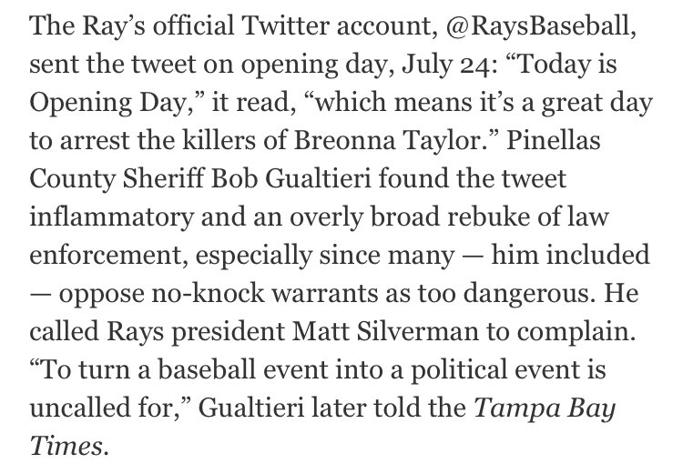 GTFO (note the editorial board can’t even edit itself properly)  https://www.tampabay.com/opinion/2020/08/01/a-twitter-tiff-hurts-tampa-bay-rays-and-pinellas-sheriff-opinion/