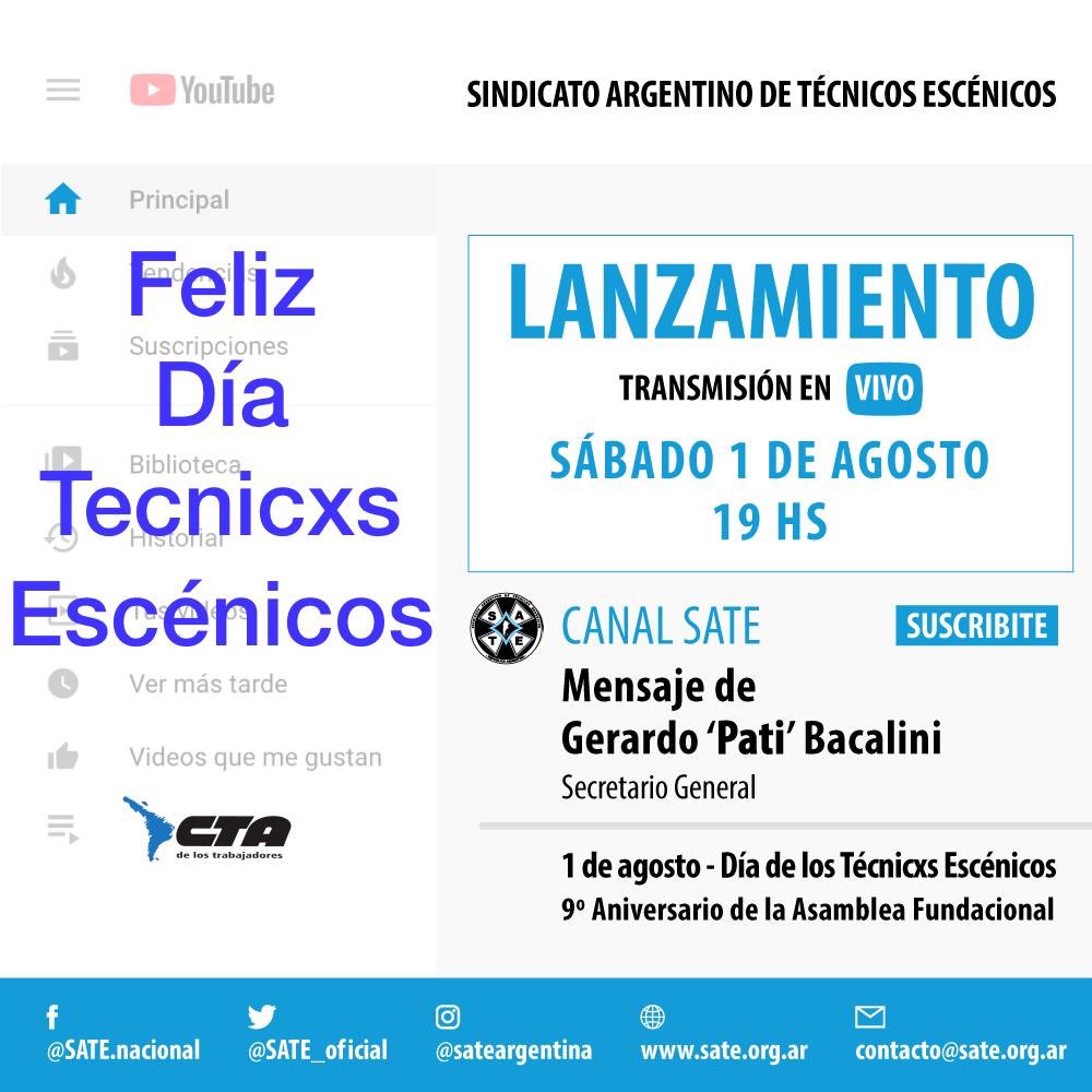 SATE_oficial's tweet photo. ⚡️⚡️⚡️Feliz día a todxs los técnicos escénicos!!! ⚡️⚡️⚡️📽🎞Llegó el día! Suscríbete y dale like a nuestro canal!📽🎞📺
HOY!! Sábado 1 de agosto 2020 - 19 hs. Transmisión en vivo !!#tecnicxsescenicos #plomos #sate #sindicato #lanzamiento #canalyoutube #espacionuevo #capacitacion https://t.co/c54zkUg6HT