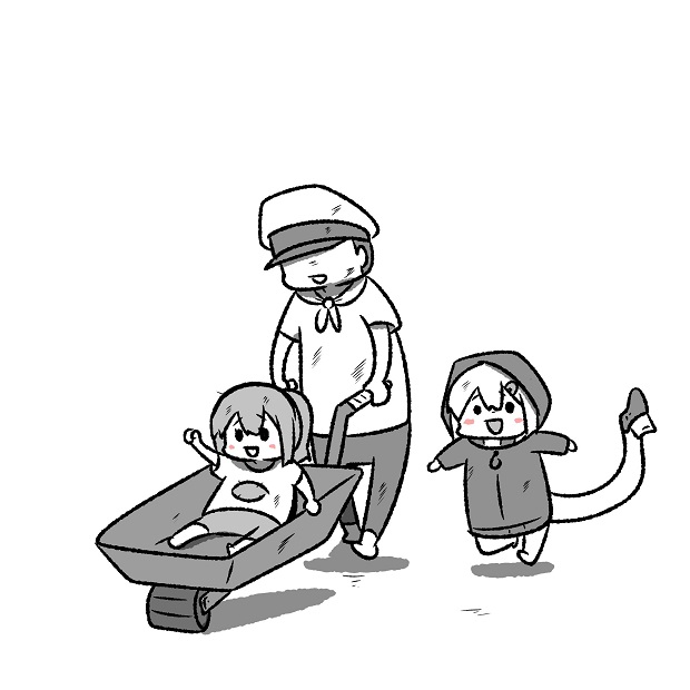 文月を手押し車に乗せて遊ぶ提督 Mr Aのイラスト