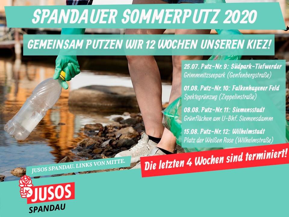 JusosSpandau's tweet photo. Zehn Wochen unseres Spandauer Sommerputzes 2020 sind geschafft! Wir machen munter weiter. Nur noch 2 Wochen, dann ist unsere Putzaktion für den Sommer 2020 vorbei. Wir freuen uns auf Euch! @RaedSalehBerlin @helmut_kleebank @stephanmachulik @Tsp_Spandau https://t.co/YvQMVkzOPo