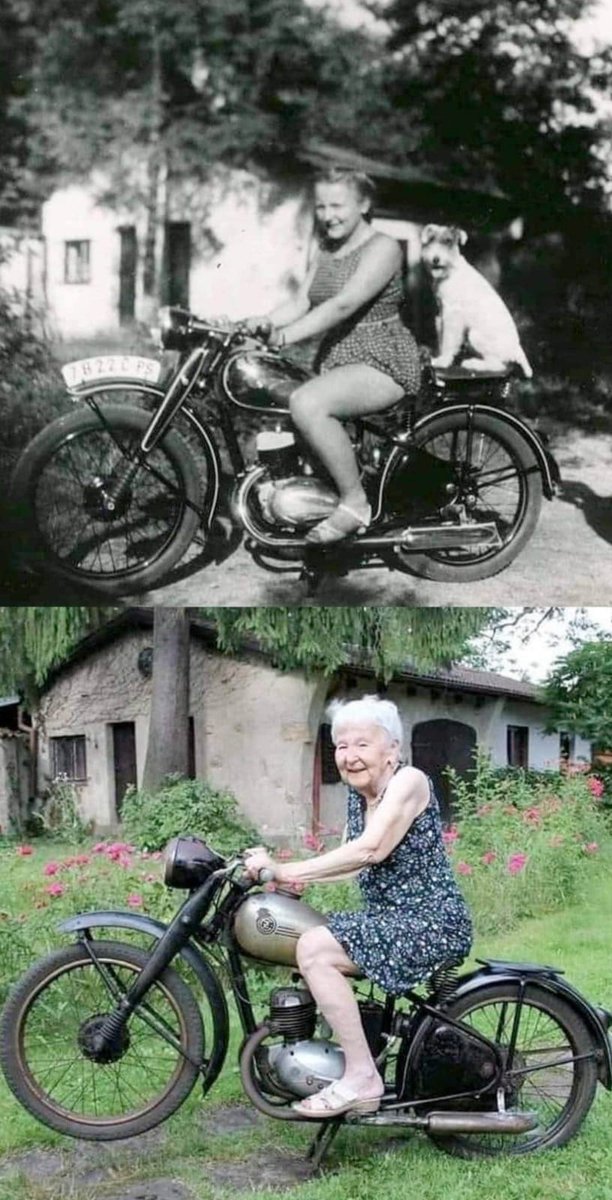 Misma chica y moto 71 años después, evidentemente...el perro no.