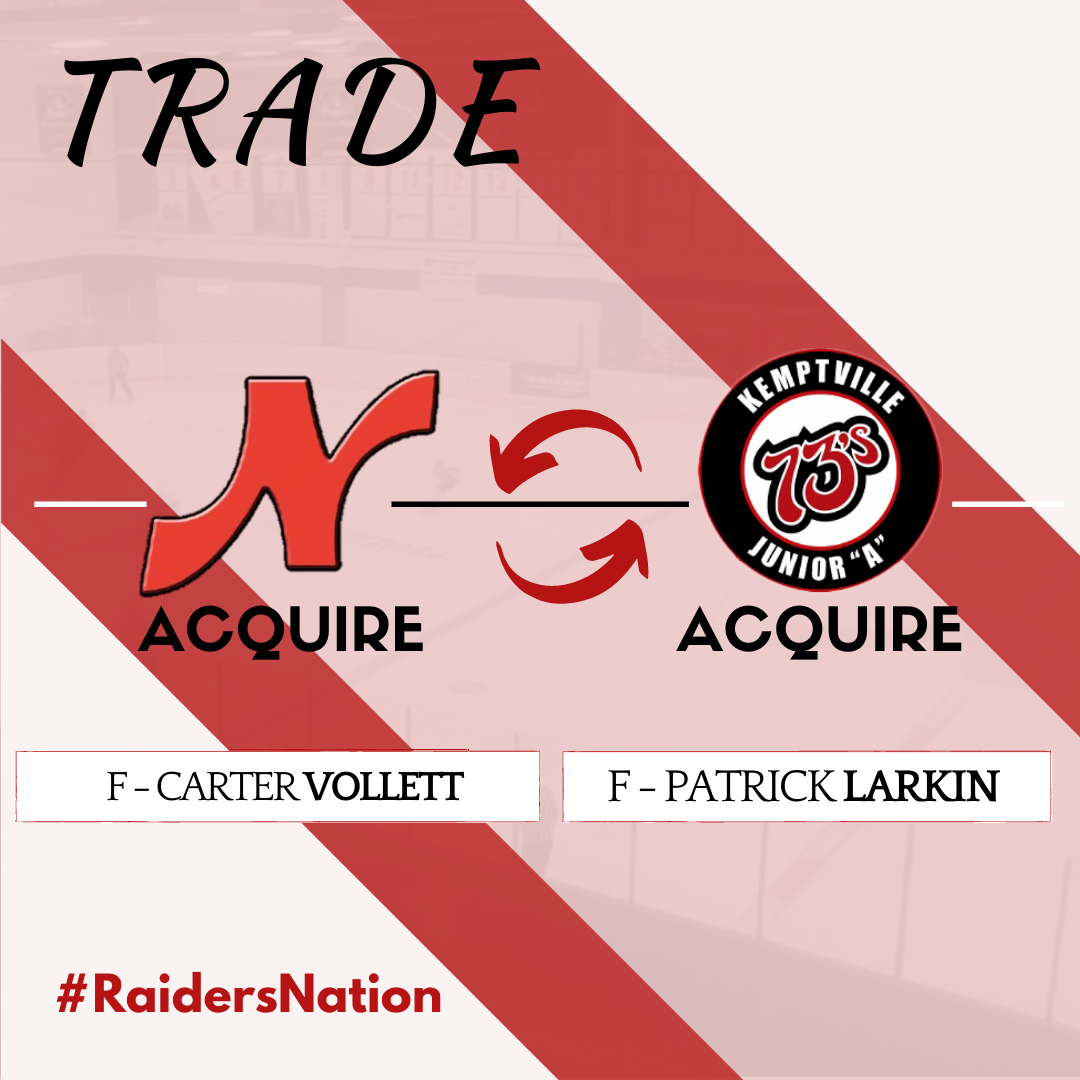 Nepeanraiders's tweet photo. **Trade Alert**

The #Raiders have acquired F Carter Vollett (02') from the Kemptville 73's in exchange for F Patrick Larkin (01')

We welcome Carter to #RaidersNation and would like to wish Patrick the best with the 73's.

#CCHL #Trade #Raiders #73s #Acquistions https://t.co/aQHDcSSSxJ