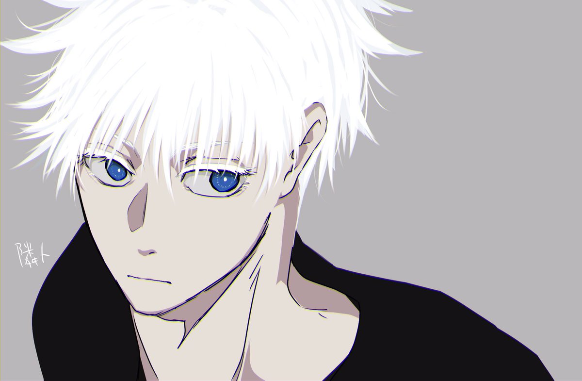 gojou satoru 1boy male focus solo blue eyes white hair grey background simple background  illustration images