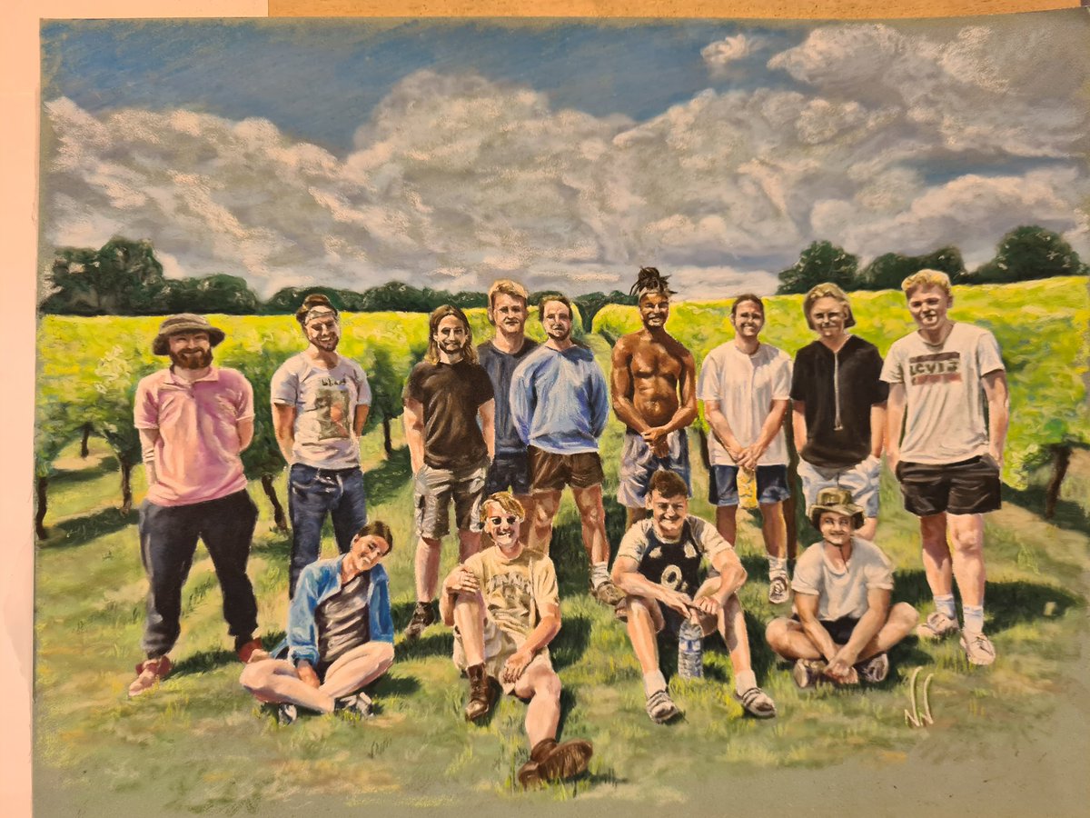 We tuck in the vines by hand, using local students.Luckily the rows are 2 meters apart so we could have social distancing measures in place. I took a number of photos so that I could have everyone in this picture, using pastel pencils on A4 pastlemat