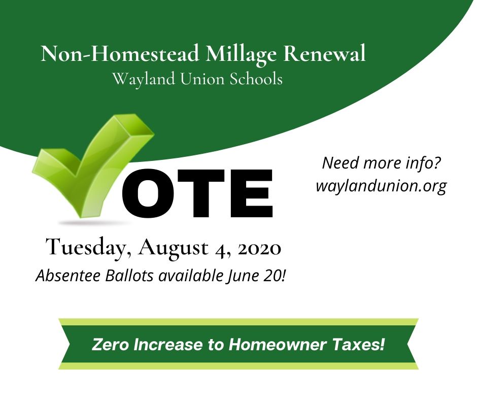 Vote August 4, 2020! The Non-Homestead Millage Renewal will not affect primary residences. It is not a new tax but a continuation of the current rate. If fails, WUS loses $3.66 million/year for 4 years. FAQ's at ow.ly/eVpC50zRJy2