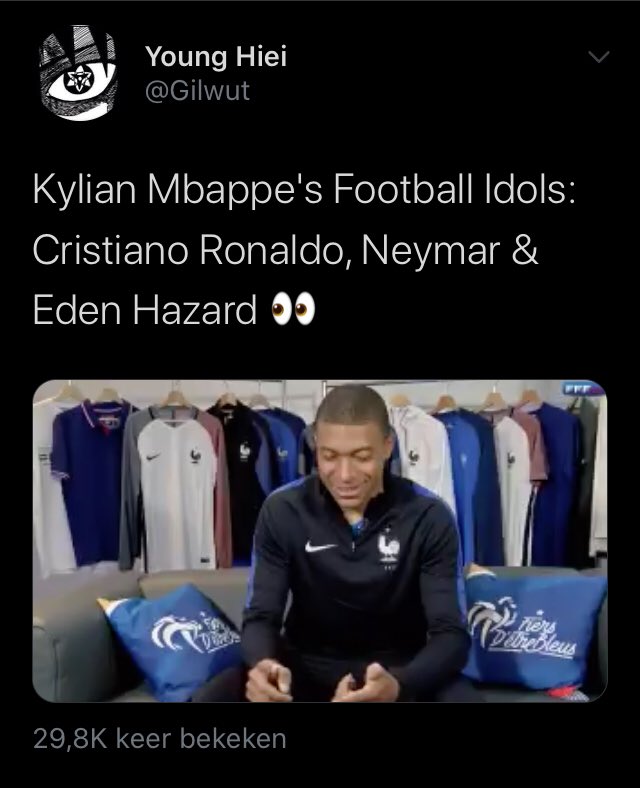 Kylian Mbappé, widely regarded as the best youngster in the world and the only generational talent out there at the moment, admits Eden Hazard is his biggest idol together with Cristiano Ronaldo & Neymar. He also thinks Hazard is among the best, together with Messi, CR7 & Neymar.