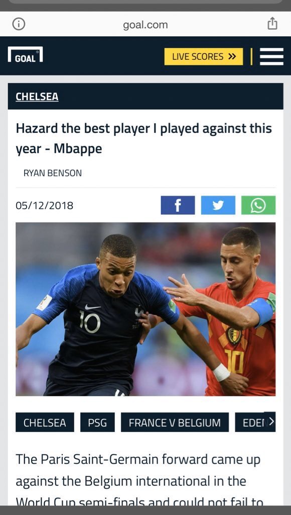 Kylian Mbappé, widely regarded as the best youngster in the world and the only generational talent out there at the moment, admits Eden Hazard is his biggest idol together with Cristiano Ronaldo & Neymar. He also thinks Hazard is among the best, together with Messi, CR7 & Neymar.