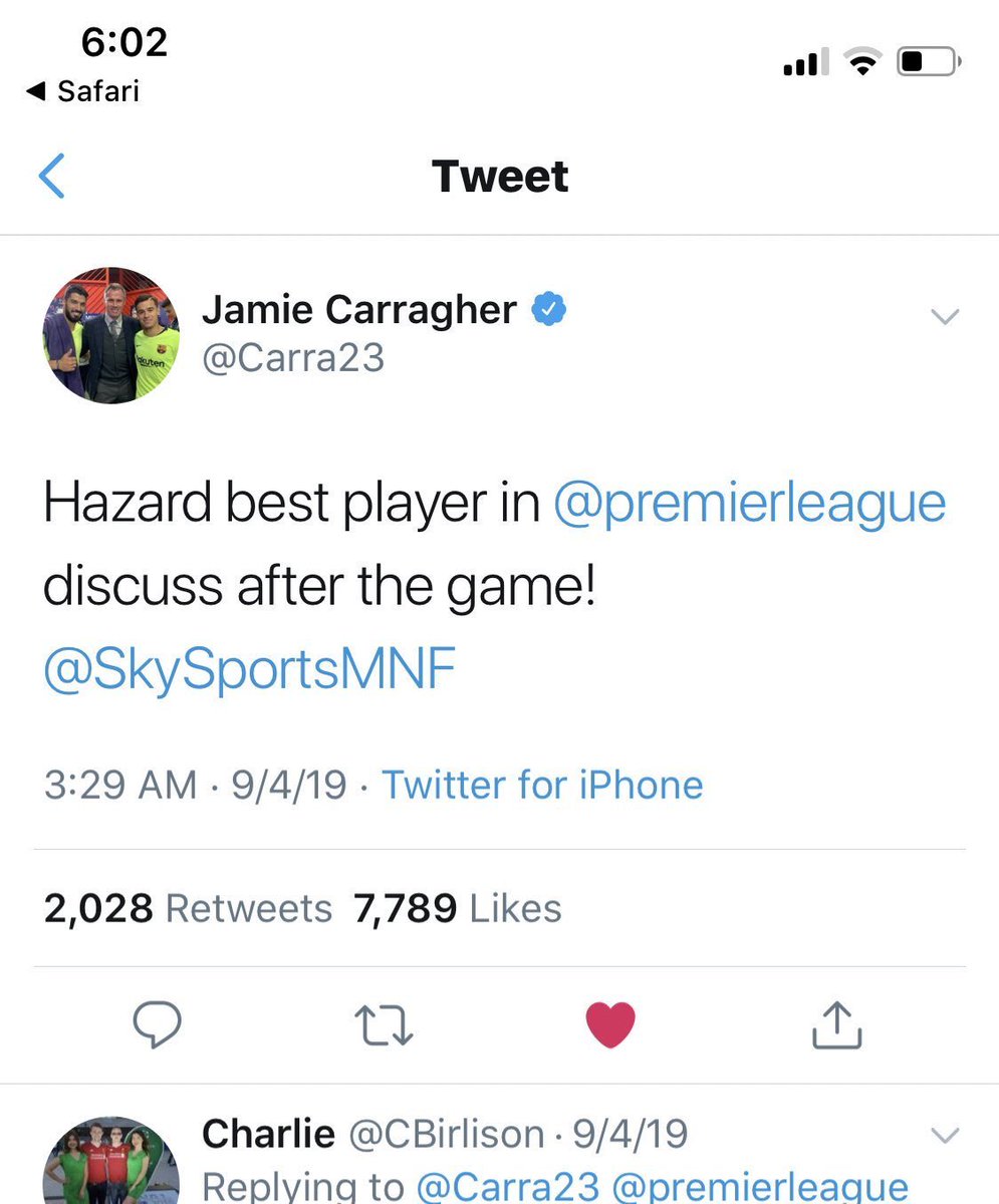 Jamie Carragher, Liverpool legend, stated that Eden Hazard was the best player in the Premier League (when Hazard was still playing there). He also agrees with Zidane’s “third best player in the world” claim.