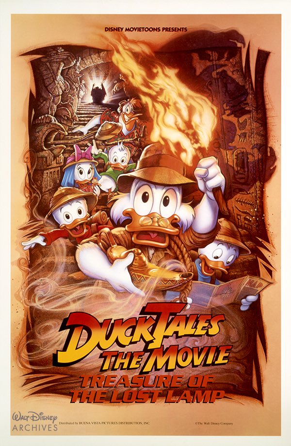 TWDCArchives's tweet photo. “DuckTales: The Movie, Treasure of the Lost Lamp” debuted in August 1990. It was the first feature film for Disney Television Animation. The poster features Scrooge McDuck, Huey, Dewey, Louie, Webby &amp; Launchpad McQuack on their treasure hunt. Now streaming on @DisneyPlus! https://t.co/vCjD1LAnxF