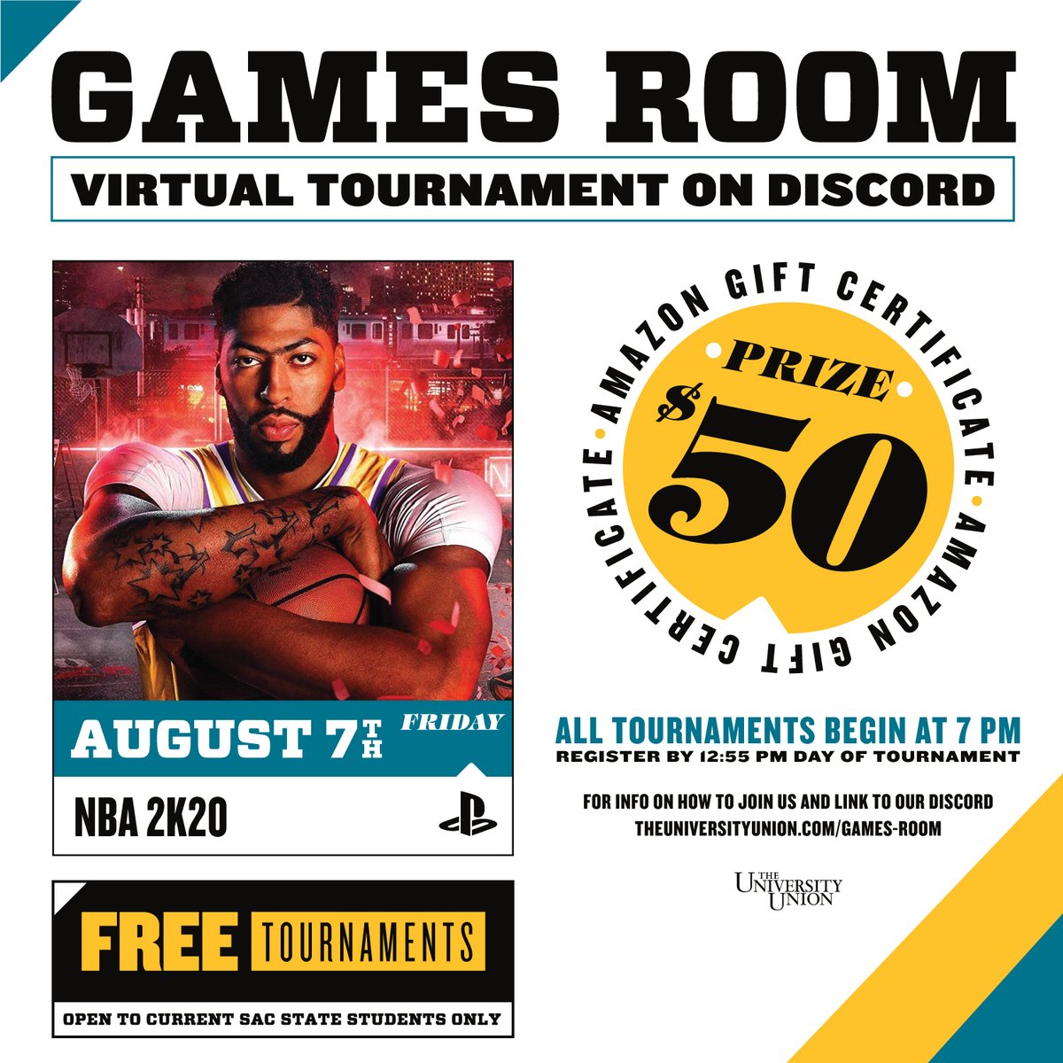 sacstateunion's tweet photo. Registration is now open for our next Discord tournament: NBA 2K20 on PlayStation- Fri 8/7 at 7 pm! You can do a lot with that $50 Amazon gift card prize 😏 To register, visit https://t.co/aMM7Kegjg0 @taquitoburrito @esports_sac @esportsSacState @sacstate https://t.co/vMXjSY6m0B